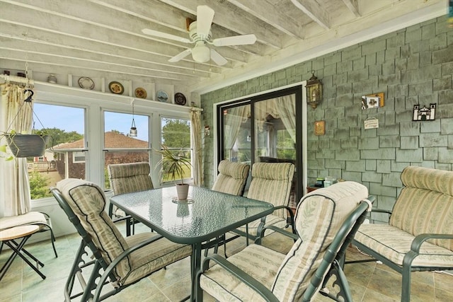 114 Cypress Dr, Swansea, MA 02777 - sunroom / solarium with ceiling fan, outdoor dining area, and beamed ceiling