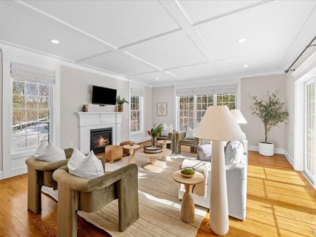 living room with coffered ceiling, crown molding, light hardwood / wood-style floors, and a healthy amount of sunlight