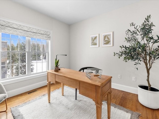 home office with hardwood / wood-style floors