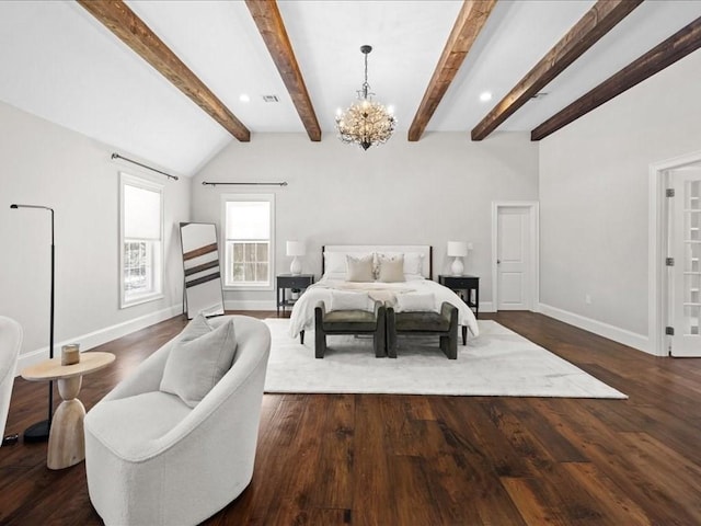 bedroom with dark wood-type flooring, beamed ceiling, and a notable chandelier