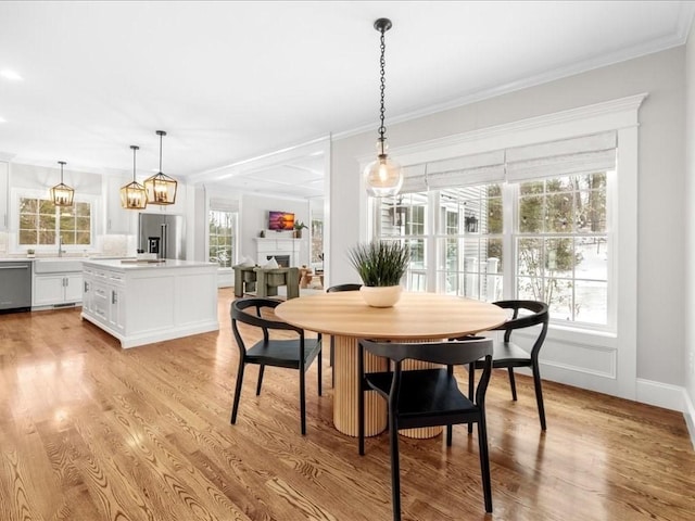 dining room featuring ornamental molding and light hardwood / wood-style floors