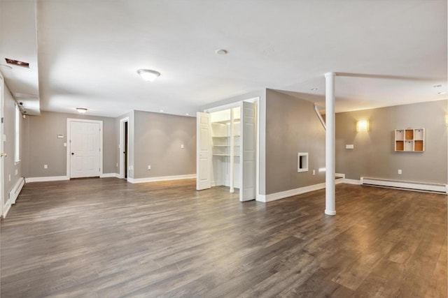 unfurnished living room with a baseboard radiator and dark hardwood / wood-style floors