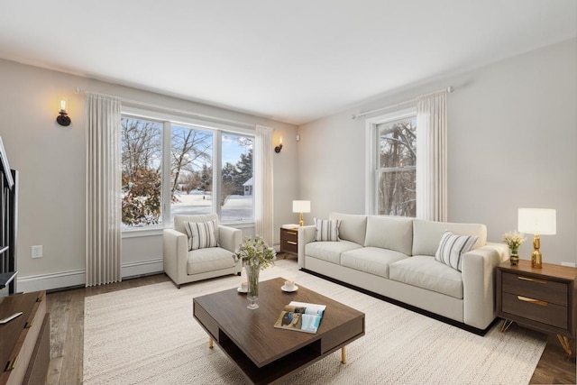 living room with light hardwood / wood-style flooring and a baseboard radiator