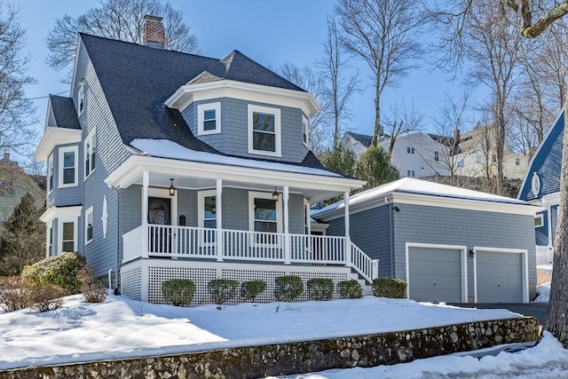 shingle-style home featuring an attached garage, a shingled roof, a chimney, and a porch