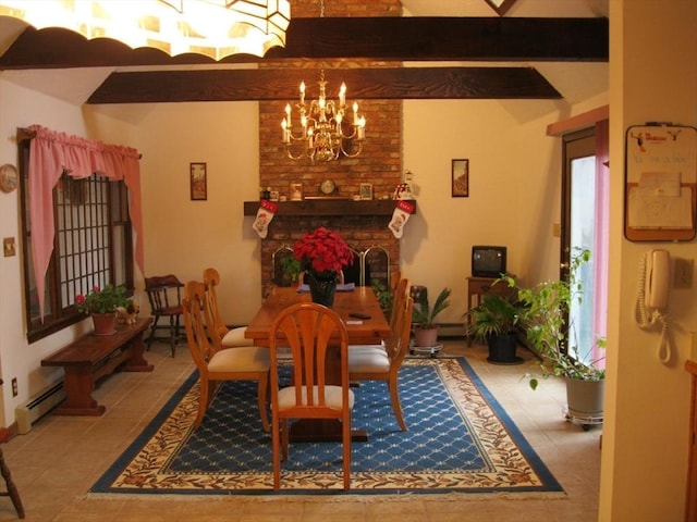 tiled dining room featuring a baseboard radiator, beam ceiling, a baseboard heating unit, and a notable chandelier