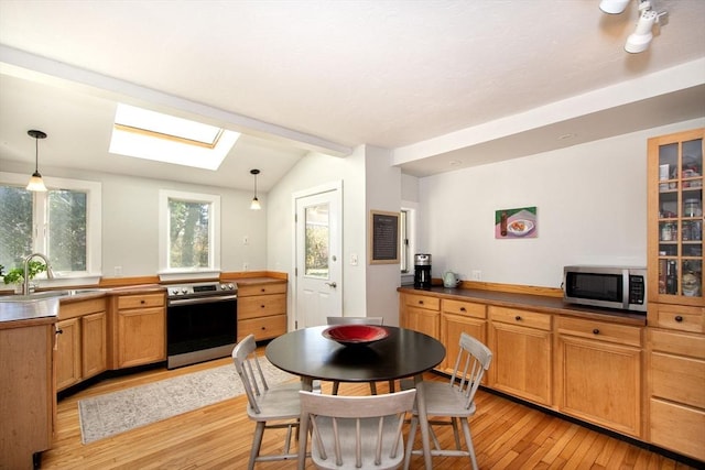 kitchen featuring stainless steel appliances, a sink, a skylight, light wood-style floors, and hanging light fixtures