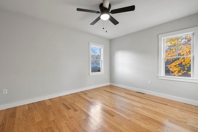 empty room featuring ceiling fan and light hardwood / wood-style floors