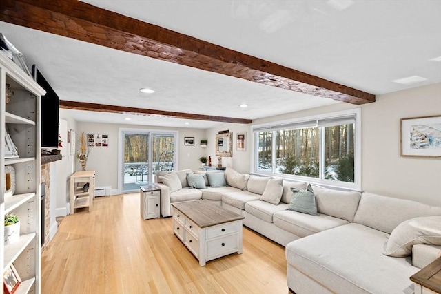 living room with baseboard heating, light hardwood / wood-style floors, and beamed ceiling