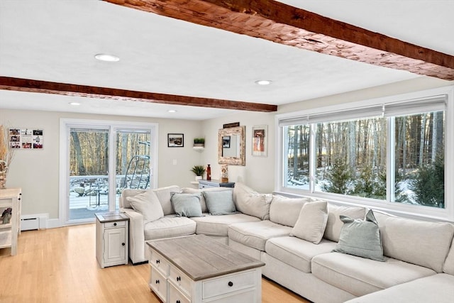 living room featuring a baseboard radiator, a wealth of natural light, and light wood-type flooring