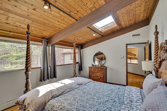 bedroom featuring wood finished floors, wood ceiling, rail lighting, baseboard heating, and visible vents