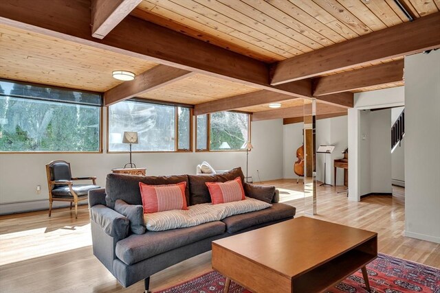 living room with beamed ceiling, wooden ceiling, baseboards, and light wood-type flooring