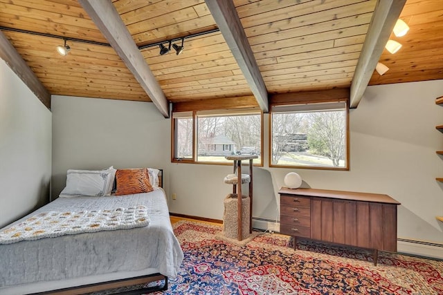 bedroom featuring track lighting, wood finished floors, wood ceiling, beamed ceiling, and a baseboard heating unit