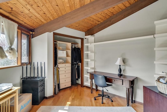 office featuring lofted ceiling with beams, wooden ceiling, and wood finished floors