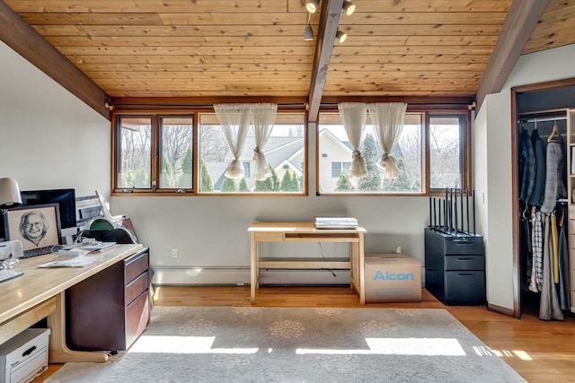 office space featuring wood ceiling, wood finished floors, lofted ceiling with beams, and baseboard heating