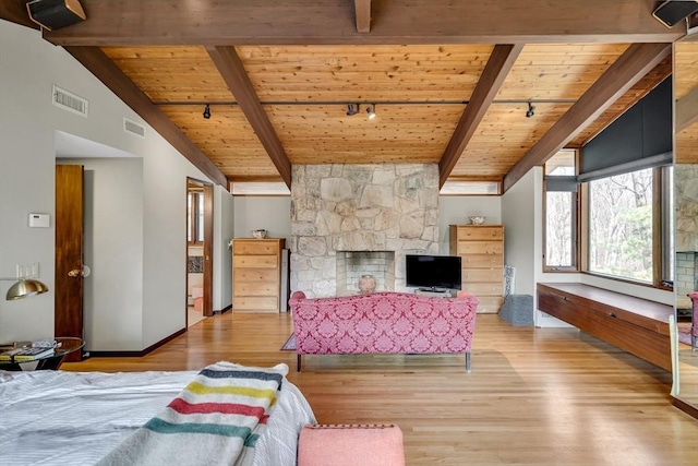 bedroom with track lighting, visible vents, and wood ceiling