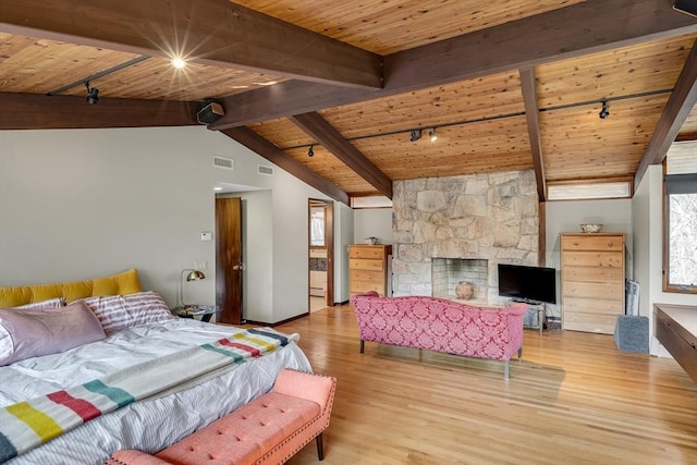 bedroom featuring lofted ceiling with beams, wood finished floors, wood ceiling, rail lighting, and visible vents
