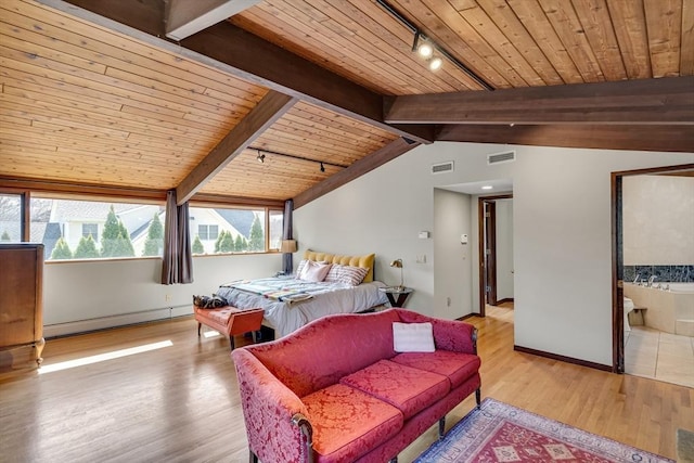 bedroom with light wood finished floors, lofted ceiling with beams, visible vents, wood ceiling, and a baseboard radiator