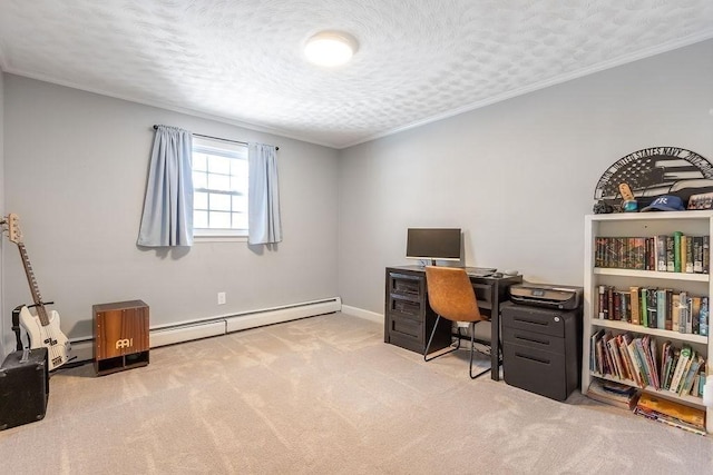 office area featuring carpet flooring, ornamental molding, a textured ceiling, and baseboard heating