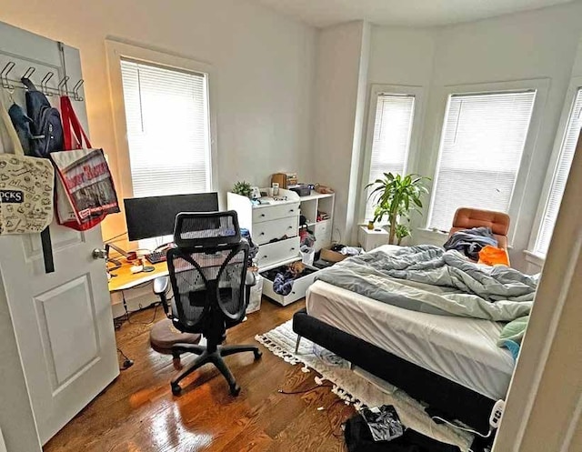 bedroom featuring multiple windows, wood finished floors, and an office area
