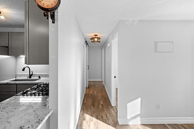 corridor with light wood-type flooring and sink