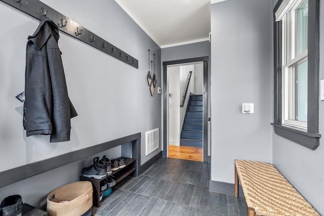 mudroom featuring crown molding, visible vents, and a healthy amount of sunlight