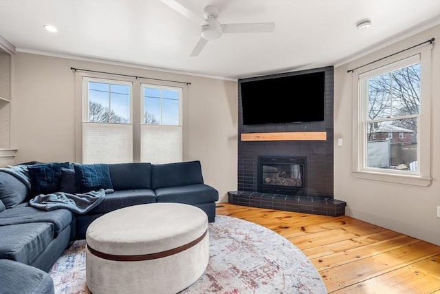 living area featuring ornamental molding, wood finished floors, and a tile fireplace