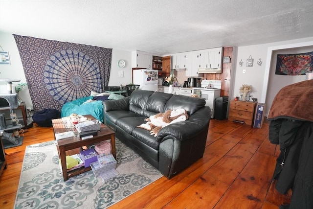 living room with wood-type flooring and a textured ceiling