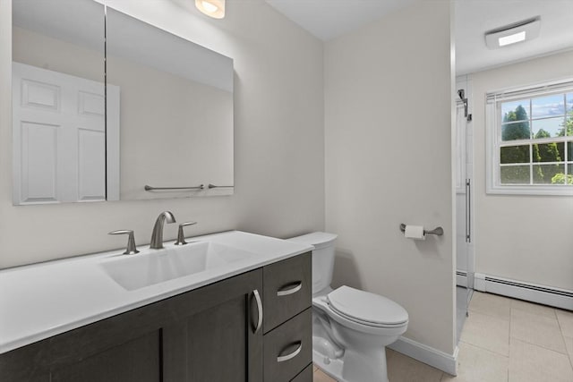447 Old Connecticut Path, Framingham, MA 01701 - bathroom with vanity, toilet, a baseboard radiator, a shower, and tile patterned floors