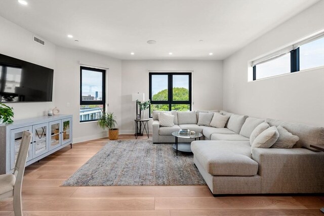 388 Athens St Unit 1, Boston, MA 02127 - living room featuring light wood-style flooring, recessed lighting, and baseboards