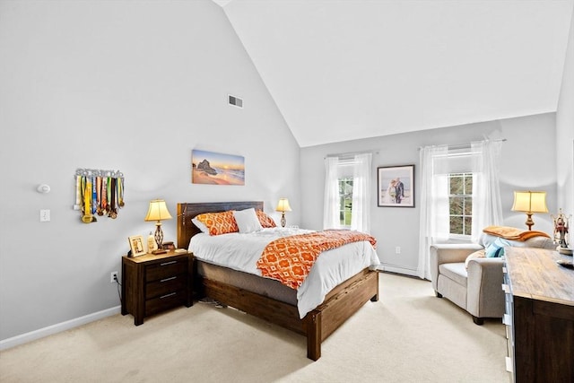 7 Hemlock, Kingston, MA 02364 - bedroom with light carpet, high vaulted ceiling, baseboards, and visible vents