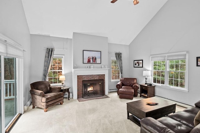 7 Hemlock, Kingston, MA 02364 - carpeted living room featuring a brick fireplace, a baseboard radiator, a ceiling fan, baseboard heating, and high vaulted ceiling