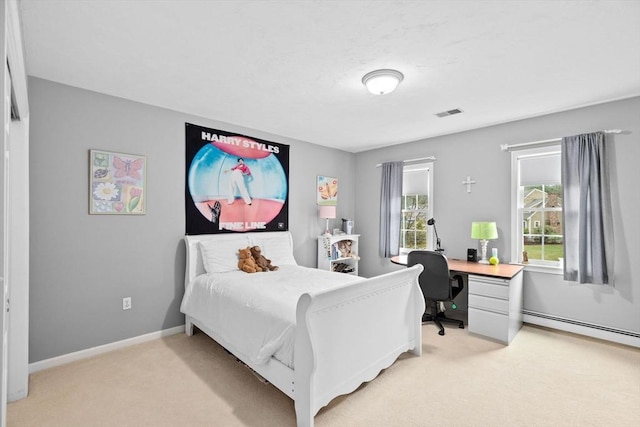 7 Hemlock, Kingston, MA 02364 - bedroom with light carpet, baseboards, visible vents, and a baseboard radiator