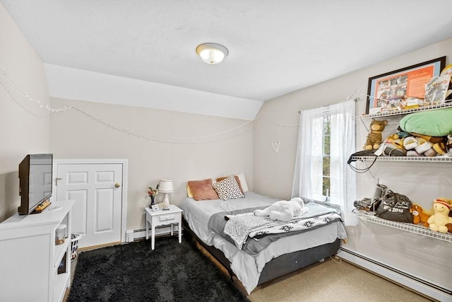 7 Hemlock, Kingston, MA 02364 - bedroom featuring dark colored carpet, a baseboard heating unit, and lofted ceiling