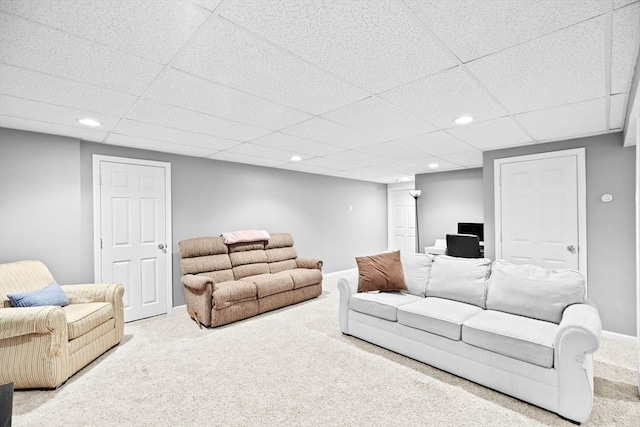 7 Hemlock, Kingston, MA 02364 - living room featuring carpet flooring, baseboards, a drop ceiling, and recessed lighting