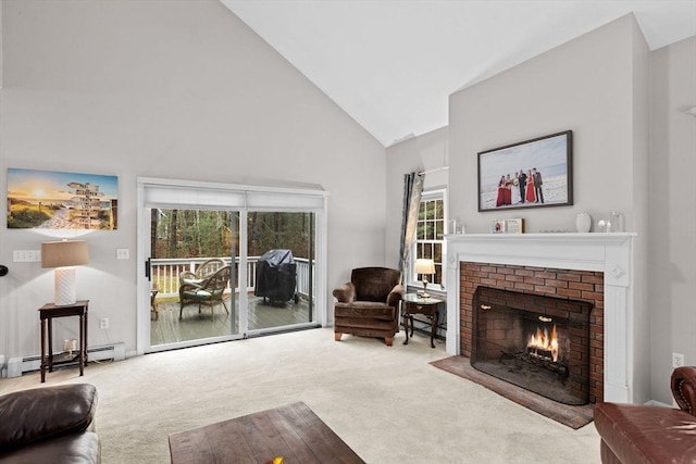 7 Hemlock, Kingston, MA 02364 - living area with high vaulted ceiling, carpet, a fireplace, and baseboard heating