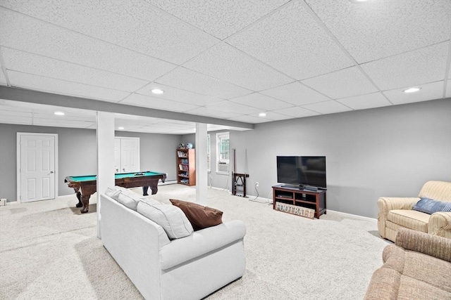 7 Hemlock, Kingston, MA 02364 - living area with baseboards, billiards, recessed lighting, carpet floors, and a drop ceiling