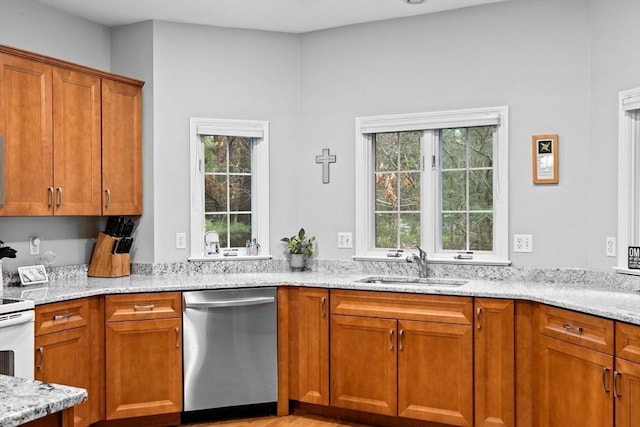 7 Hemlock, Kingston, MA 02364 - kitchen with dishwasher, a sink, light stone counters, and a healthy amount of sunlight