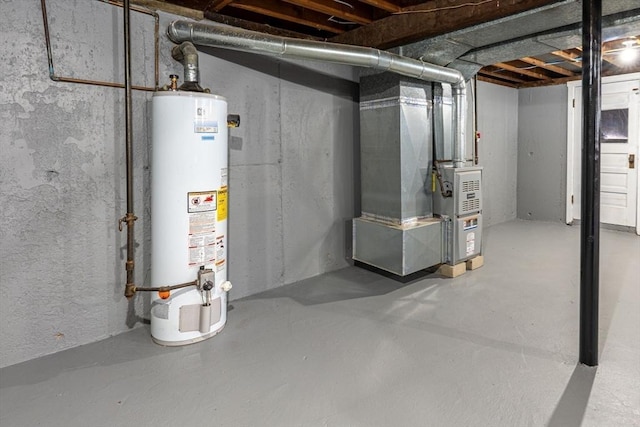 basement featuring heating unit and water heater