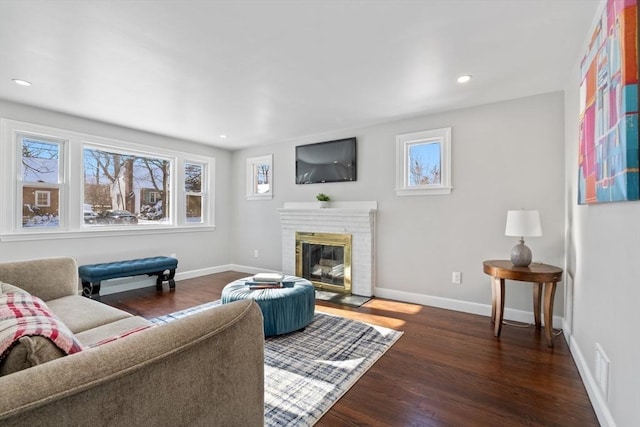 living room with dark hardwood / wood-style flooring and a fireplace