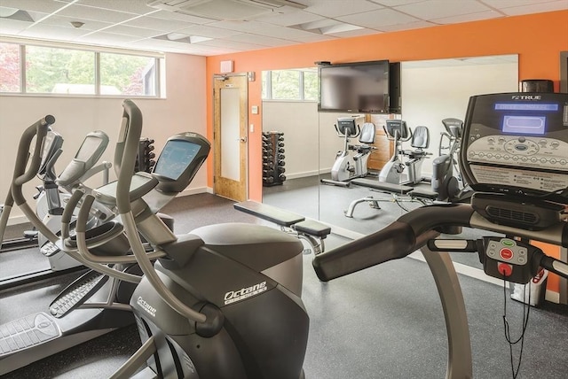 210 Nahanton St Unit 504, Newton, MA 02459 - exercise room featuring a drop ceiling, plenty of natural light, and baseboards