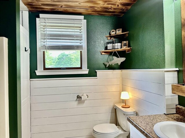 20 Benson St, Middleboro, MA 02346 - bathroom featuring wooden ceiling, a textured wall, vanity, a wainscoted wall, and wood walls