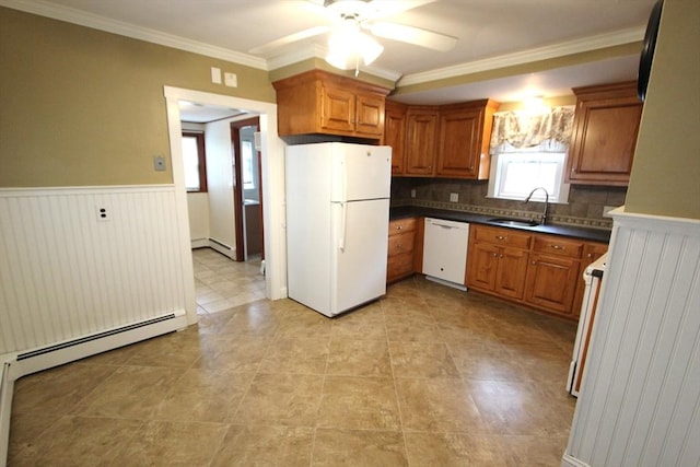 75 Wachusett St, Franklin, MA 02038 - kitchen featuring white appliances, a sink, dark countertops, ceiling fan, and brown cabinetry