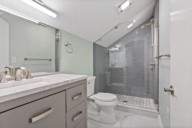 full bath with visible vents, a shower stall, toilet, vaulted ceiling, and marble finish floor