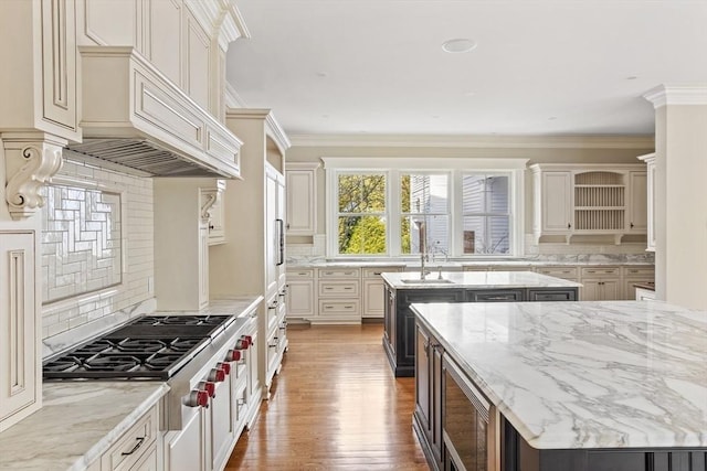 kitchen with wood finished floors, an island with sink, a sink, appliances with stainless steel finishes, and crown molding