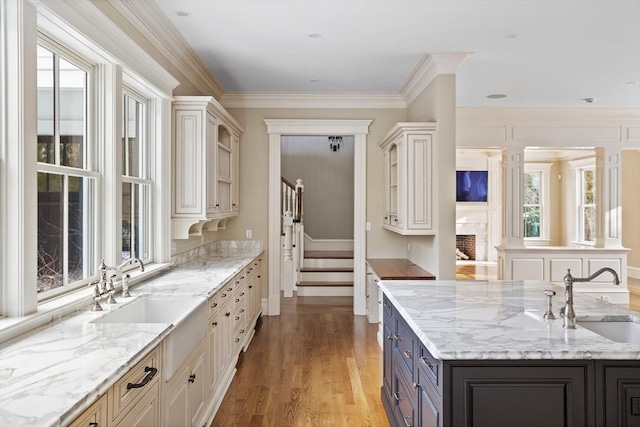 kitchen with a sink, light stone counters, light wood-style flooring, and ornamental molding