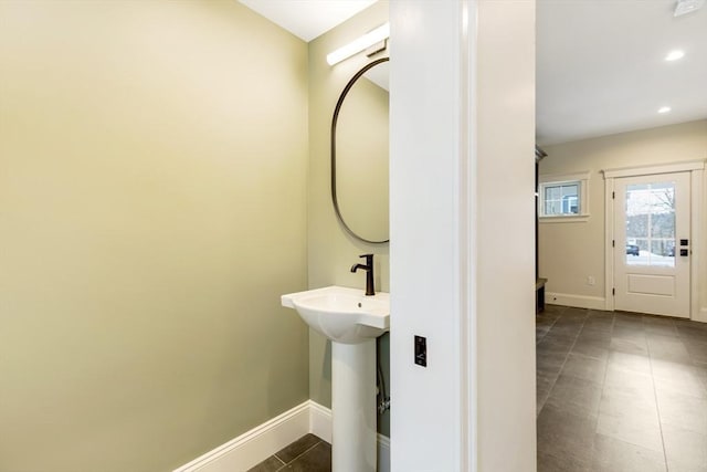 bathroom featuring recessed lighting, tile patterned floors, and baseboards