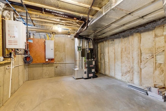 unfinished below grade area with water heater and electric panel