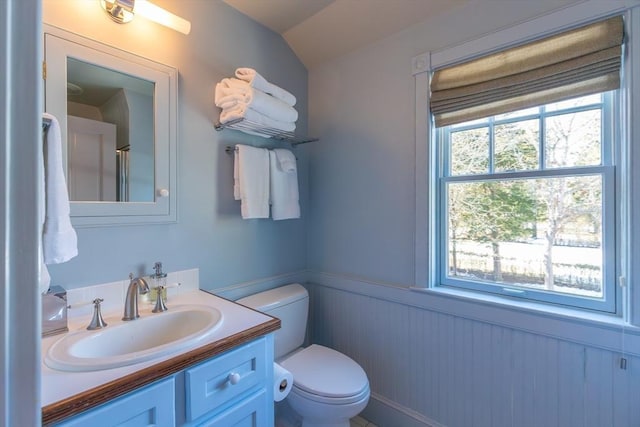 17 Mattarest Ln, Dartmouth, MA 02748 - full bath with vanity, a wainscoted wall, and lofted ceiling