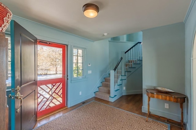 17 Mattarest Ln, Dartmouth, MA 02748 - entrance foyer with stairway, wood finished floors, and crown molding