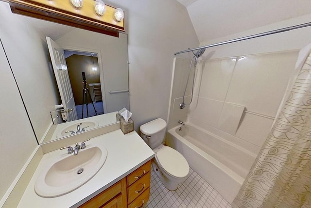 full bath with toilet, vanity, tile patterned flooring, shower / tub combo, and lofted ceiling